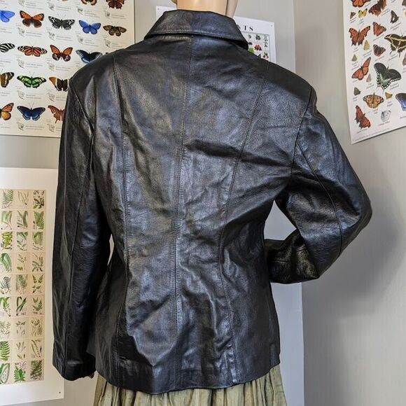 Vintage 90s DV Design Black Leather Jacket Button Front Junior's Size 11 - Picture 2 of 12
